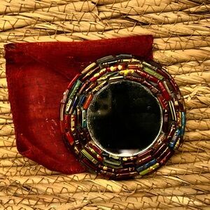 Small 3” multi color beaded compact mirror with sheer velcro protective pouch